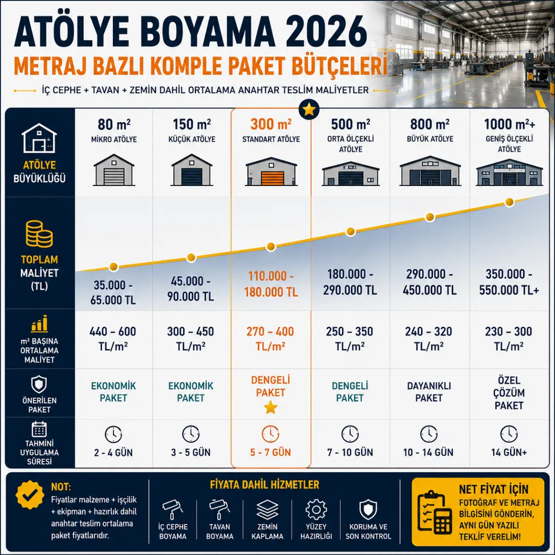 100 m2 300 m2 ve 1000 m2 atölye boyama komple paket maliyet hesaplama örnekleri&nbsp;