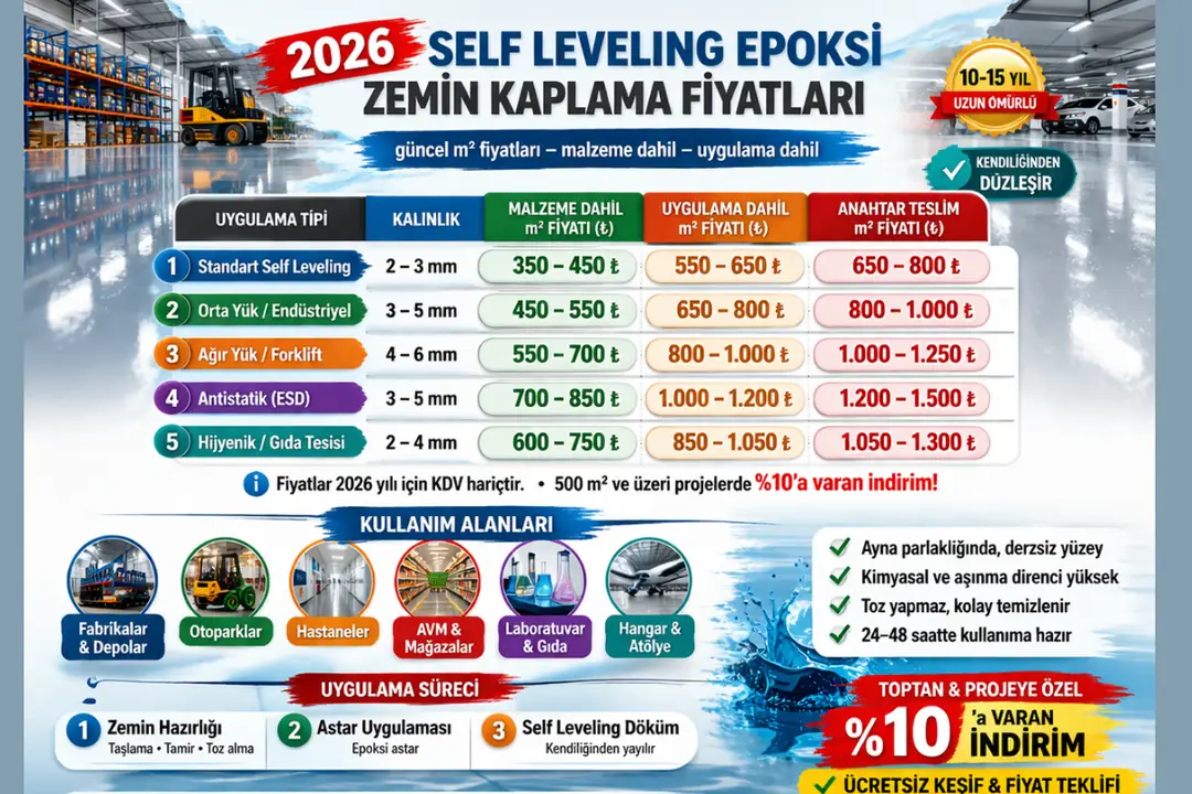 Self leveling epoksi zemin kaplama 2026 m2 fiyatları tablosu uygulama tipine göre güncel maliyet karşılaştırması&nbsp;