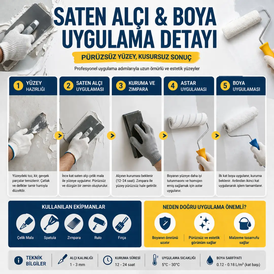 Saten alçı uygulama aşamaları, zımpara ve astar işlemi ile boya öncesi yüzey hazırlık süreci&nbsp;