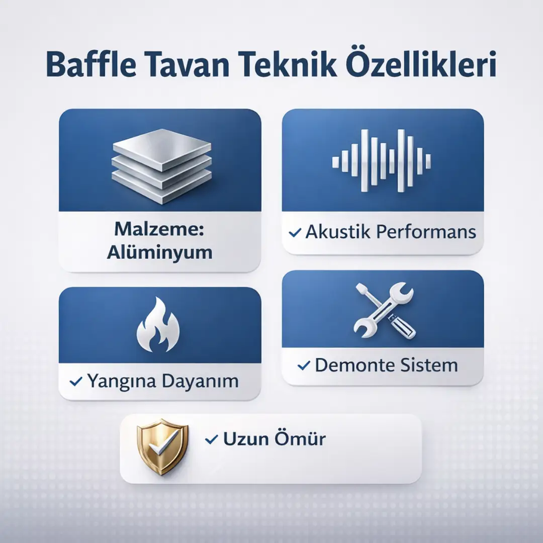 Baffle tavan teknik özellikleri, alüminyum baffle tavan sistemlerinin akustik, dayanım ve montaj avantajları