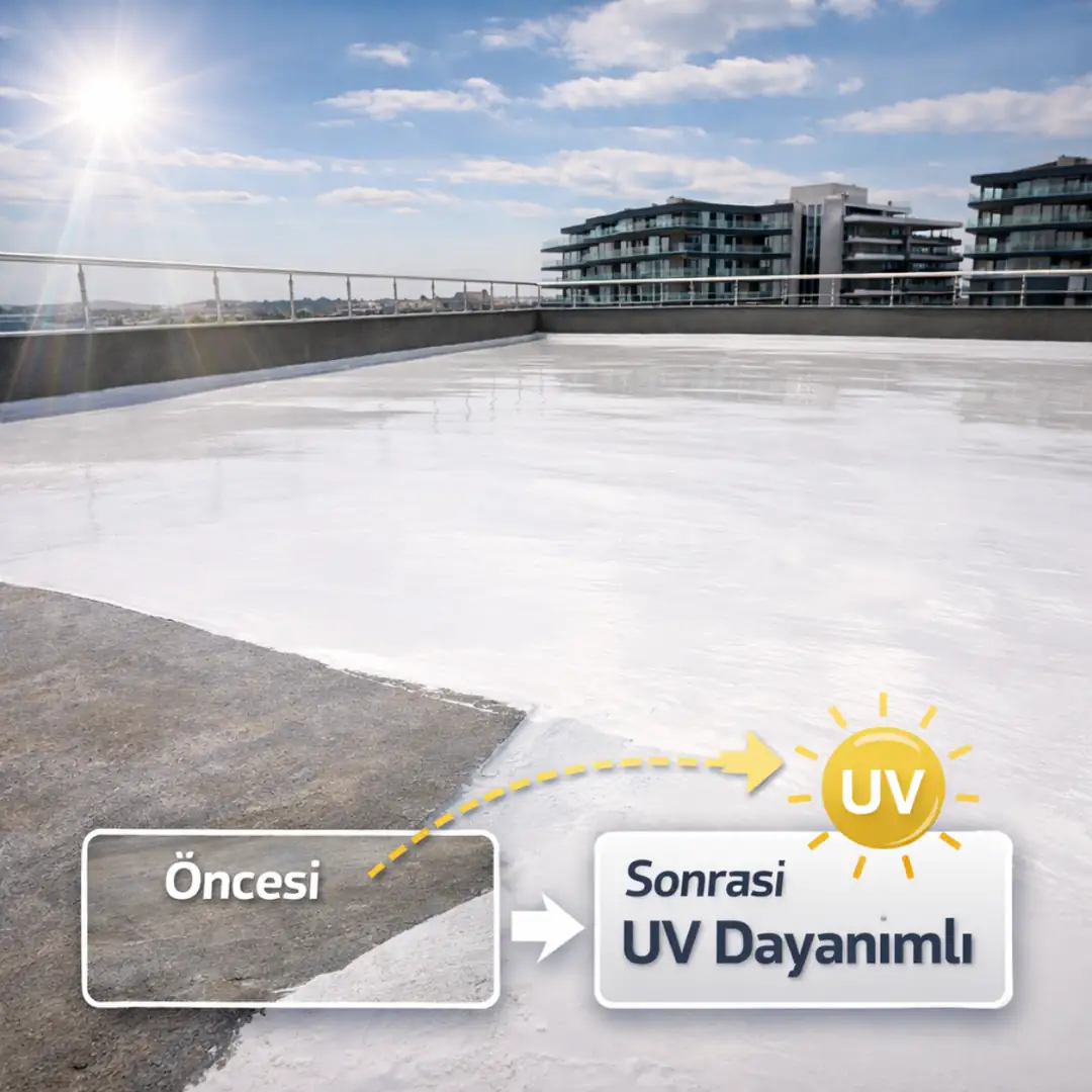 UV dayanımlı poliüretan likit membran açık teras çatı uygulaması&nbsp;