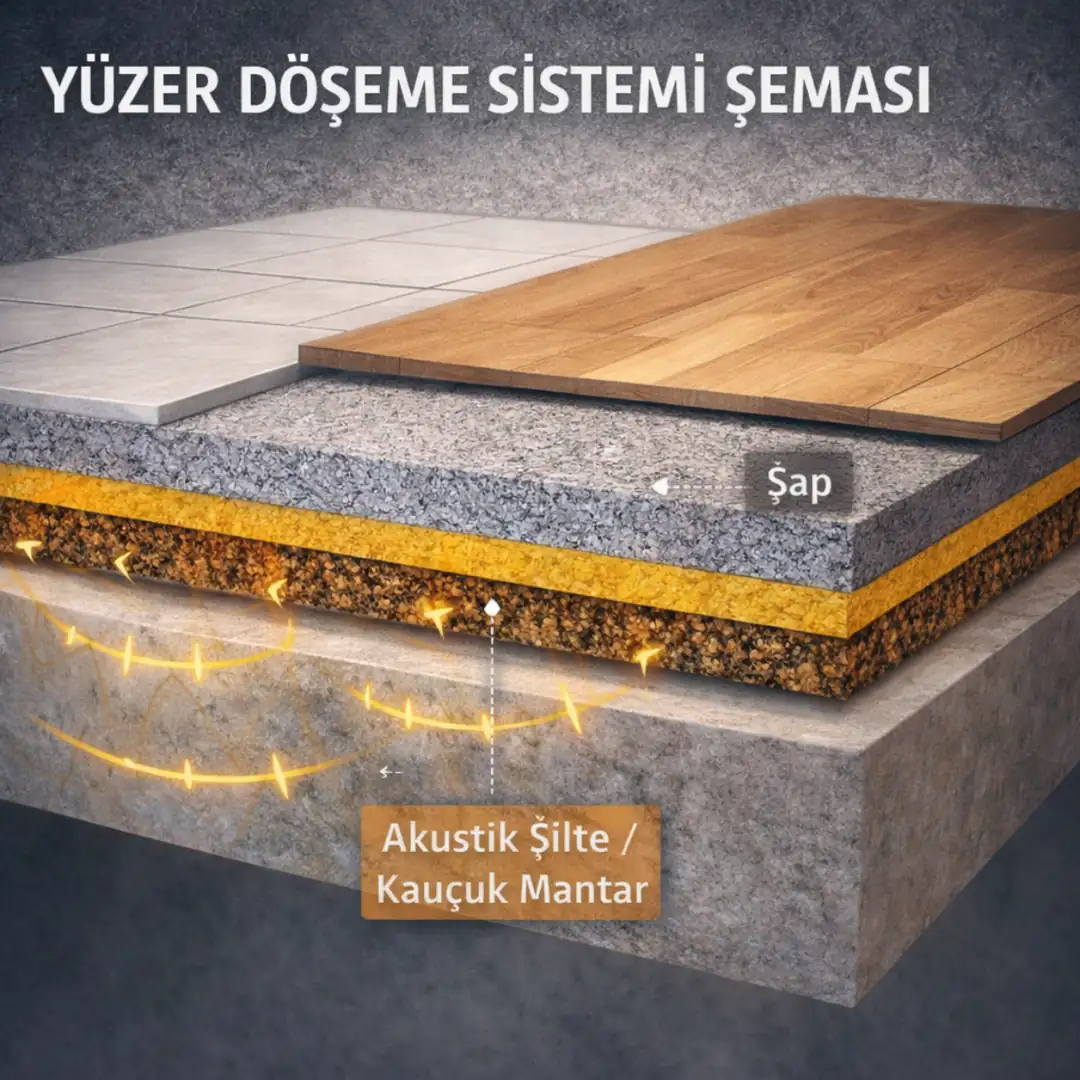 Darbe sesini azaltan akustik şilteli yüzer döşeme sistem kesiti&nbsp;