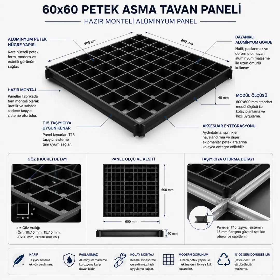 60x60 santimetre hazır monteli alüminyum petek asma tavan paneli&nbsp;