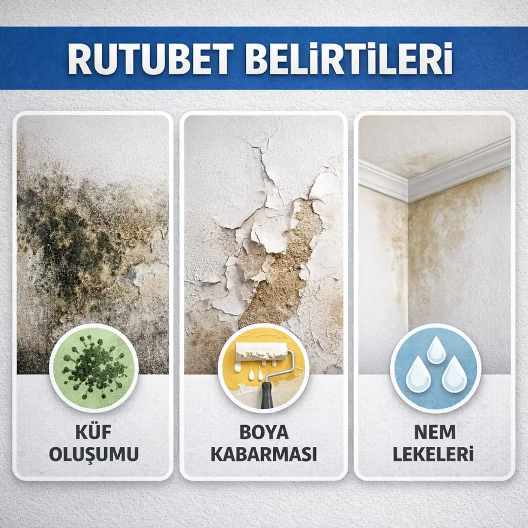 Rutubet belirtileri küf oluşumu boya kabarması ve nem lekeleri duvarlarda oluşan hasar örnekleri&nbsp;