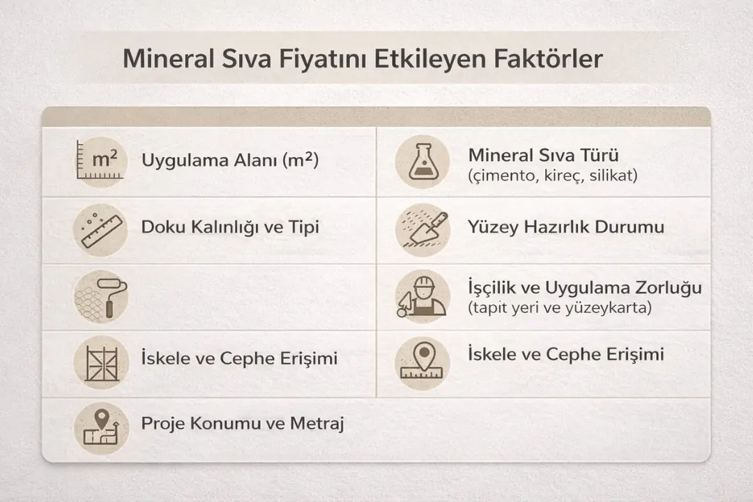 Mineral sıva fiyatını etkileyen faktörler; sıva türü, uygulama alanı, doku yapısı ve işçilik detaylarını gösteren tablo&nbsp;