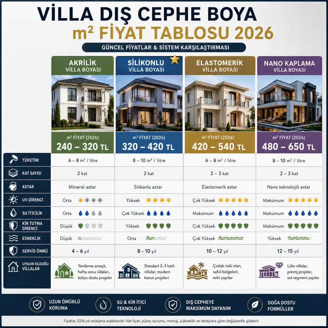 Villa dış cephe boya fiyat tablosu akrilik silikonlu elastomerik nano kaplama m2 karşılaştırması&nbsp;