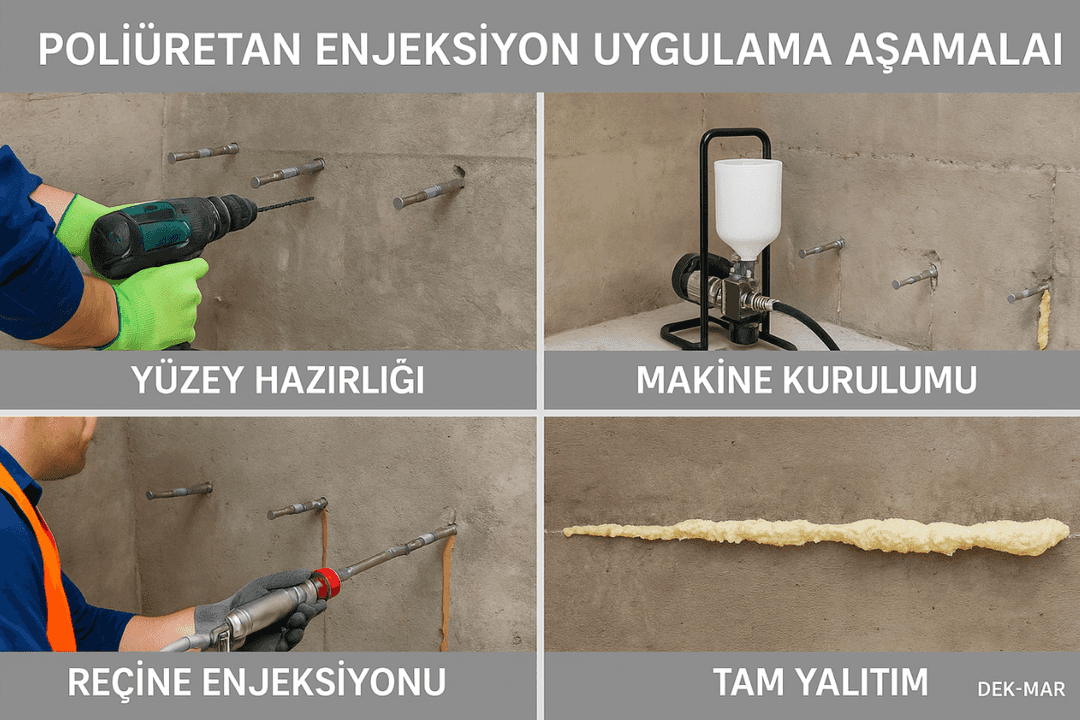 Poliüretan enjeksiyon uygulama aşamaları: yüzey hazırlığı, makine kurulumu, reçine enjeksiyonu ve tamamlanmış yalıtım.