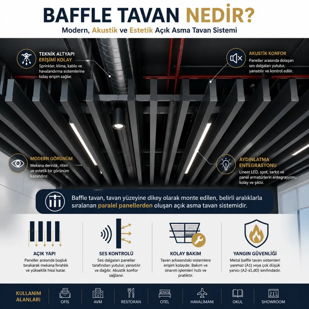 Baffle tavan sisteminin açık tavan yapısı ve akustik çalışma prensibi anlatımı