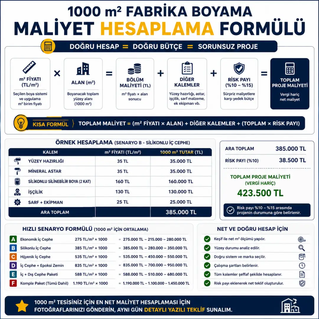 1000 m2 fabrika boyama maliyet hesaplama formülü m2 fiyat alan toplam bütçe