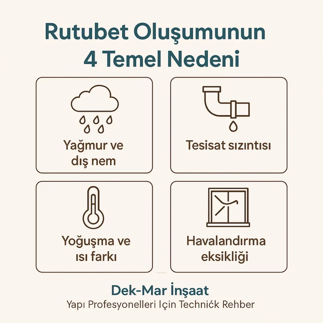 Duvar rutubeti neden olur diyagramı – dış etken, yoğuşma, sızıntı ve havalandırma eksikliği açıklaması – Dek-Mar 2025