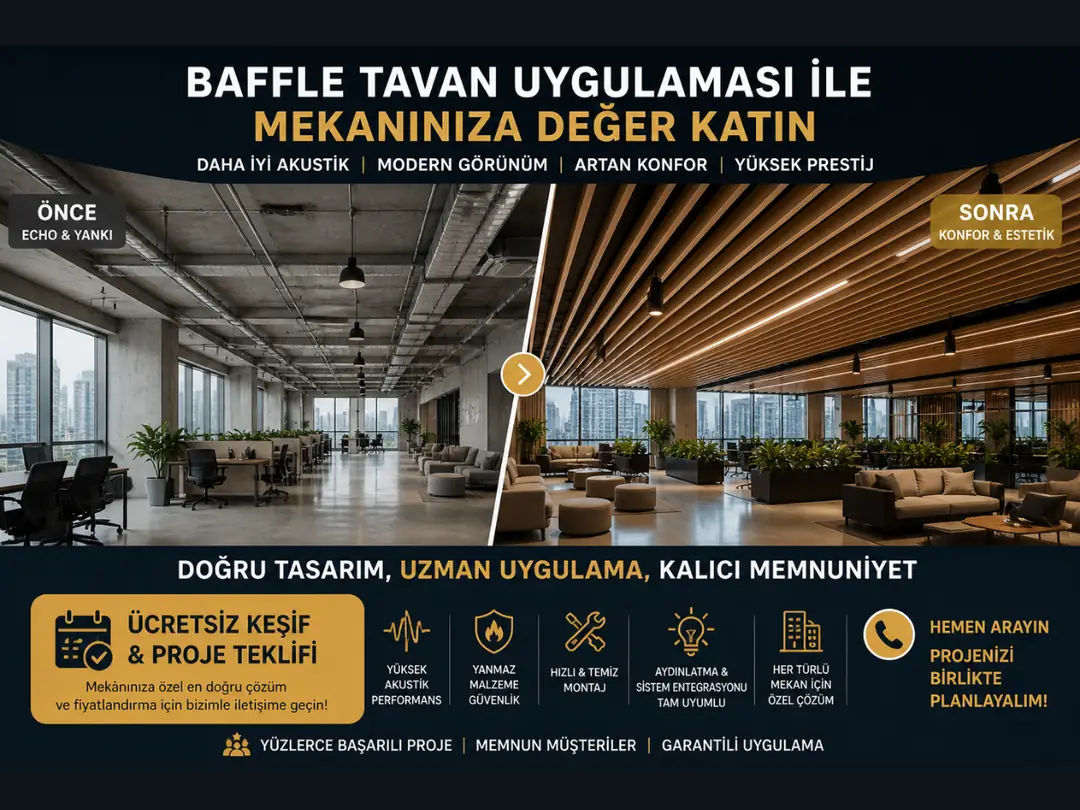 Baffle tavan uygulaması sonrası modern mekan tasarımı ücretsiz keşif teklif&nbsp;