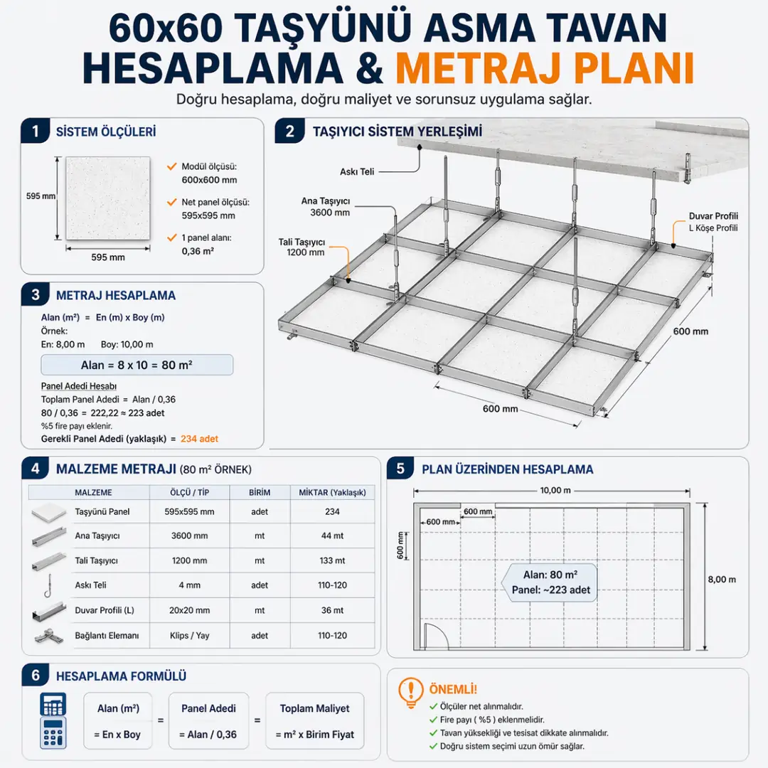 60x60 asma tavan hesaplama panel yerleşimi metraj planı diyagramı&nbsp;