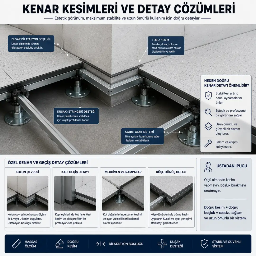 Yükseltilmiş döşeme kolon çevresi kesim ve detay uygulaması
