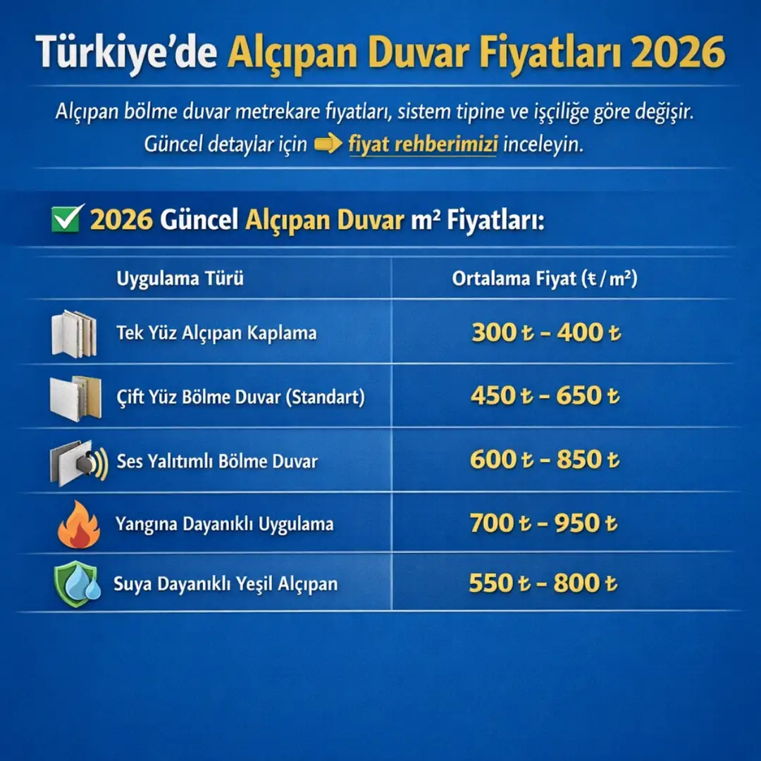 Türkiye 2026 alçıpan duvar metrekare fiyatları tek çift kat ses yalıtımlı ve yangına dayanıklı sistem fiyat tablosu infografik&nbsp;