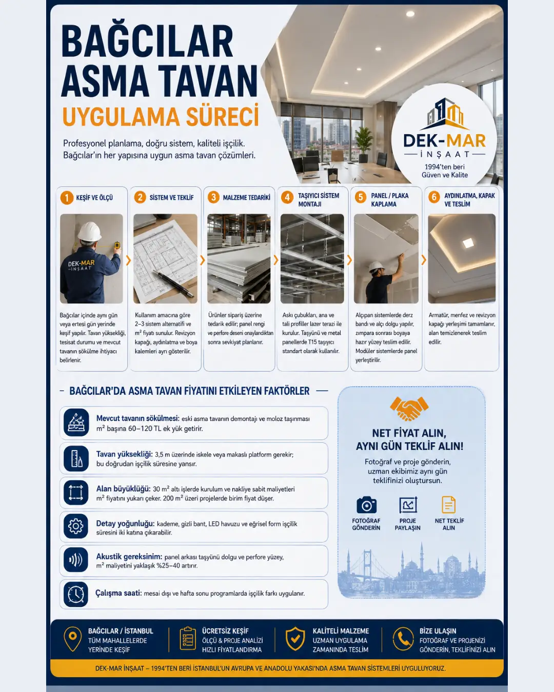 Bağcılar asma tavan uygulama süreci; keşif, sistem seçimi, montaj, kaplama ve 2026 fiyatlarını etkileyen faktörler.