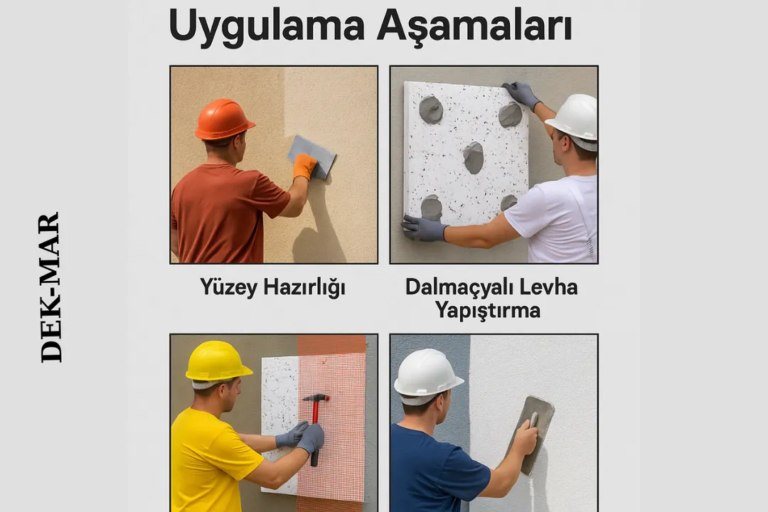 Filli Boya Dalmaçyalı mantolama uygulama aşamaları: yüzey hazırlığı, levha yapıştırma, dübelleme ve boya.