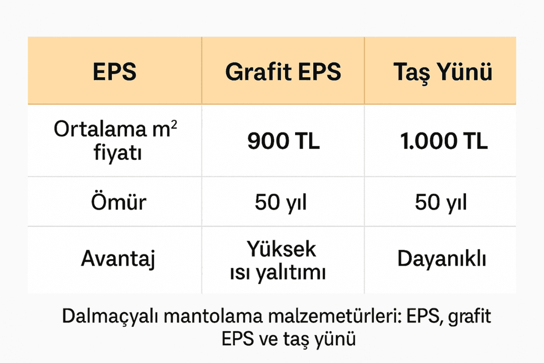 Dalmaçyalı mantolama malzeme türleri: EPS, grafit EPS ve taş yünü.