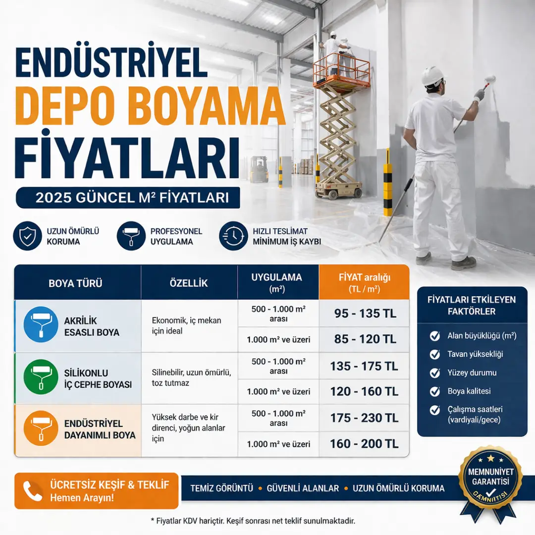 Endüstriyel depo boyama m2 fiyatları 2026 tablosu duvar kolon ve tavan boyama maliyetlerini gösteren güncel fiyat rehberi&nbsp;