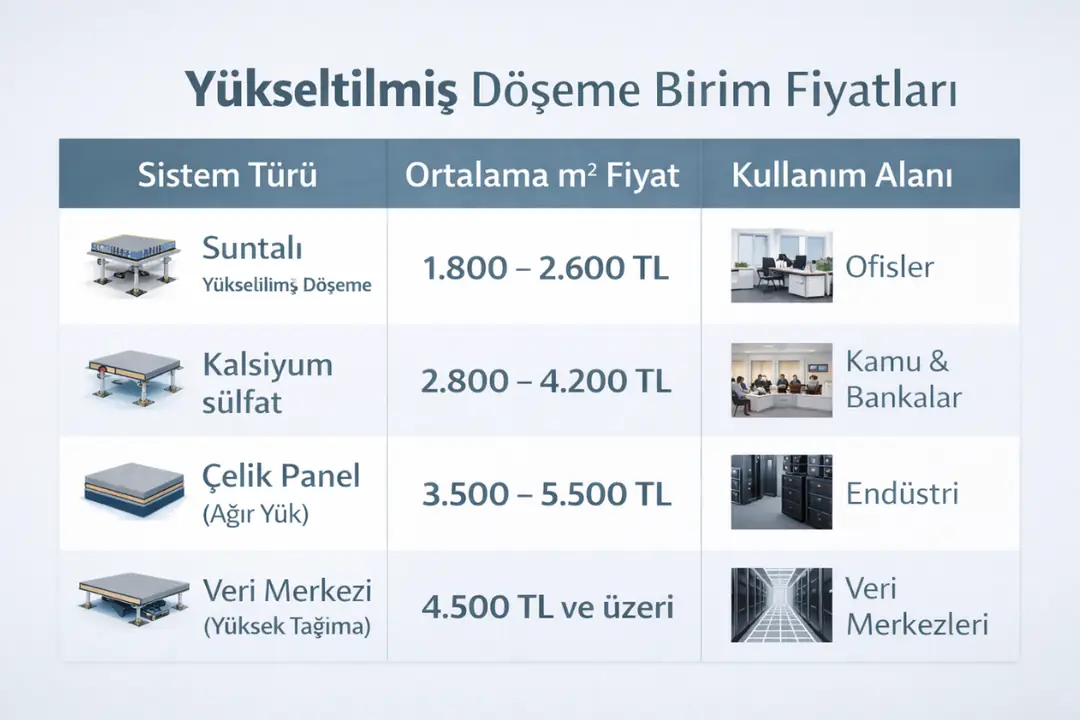 Yükseltilmiş döşeme birim fiyatları ve sistem karşılaştırması&nbsp;