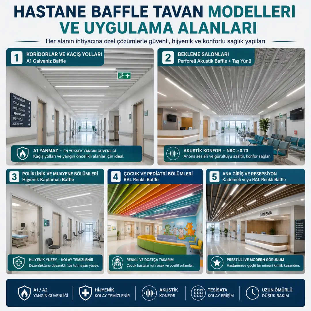 Hastane baffle tavan kullanım alanları ve model seçenekleri
