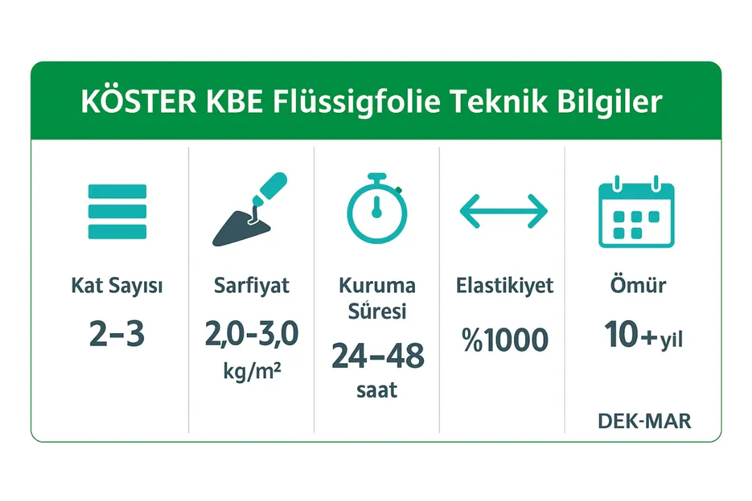 KÖSTER KBE Flüssigfolie teknik bilgiler: 2–3 kat, 2,0–3,0 kg/m² sarfiyat, %1000 elastikiyet, 24–48 saat kuruma, 10+ yıl ömür.&nbsp;