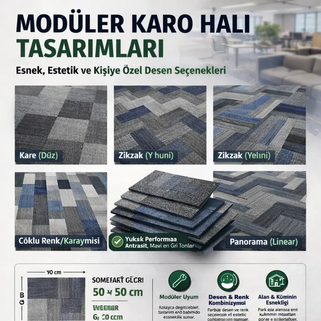 Farklı renk ve desen kombinasyonları ile karo halı modüler tasarım örneği&nbsp;