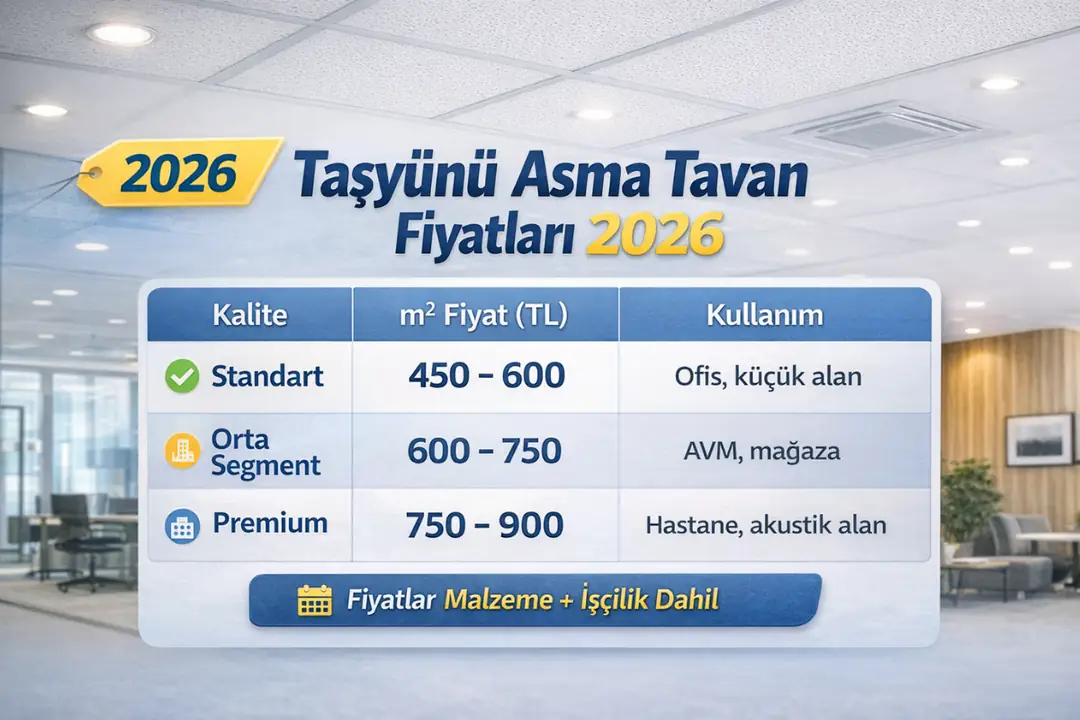 “taşyünü asma tavan m2 fiyatları 2026 karşılaştırma tablosu”&nbsp;