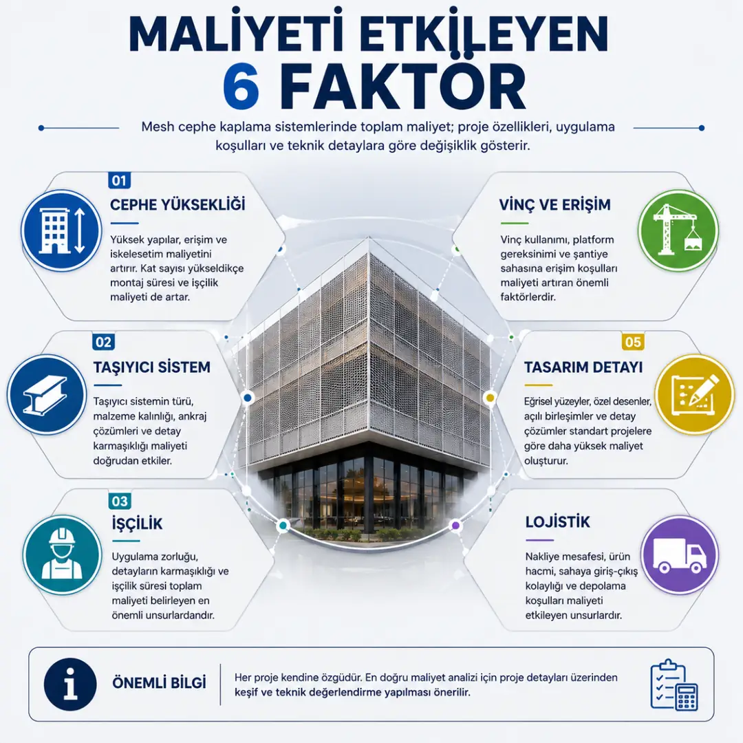 Mesh cephe kaplama maliyetini etkileyen cephe yüksekliği, taşıyıcı sistem, işçilik, vinç erişimi, tasarım detayı ve lojistik faktörlerini gösteren infografik