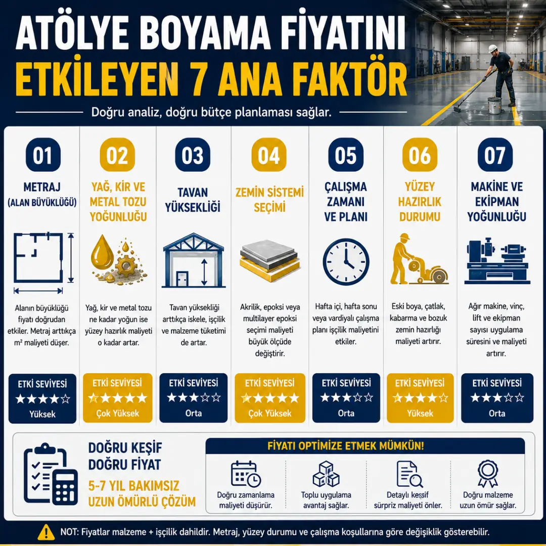 Atölye boyama fiyatını etkileyen metraj yağ yoğunluğu zemin sistemi ve işçilik faktörleri&nbsp;