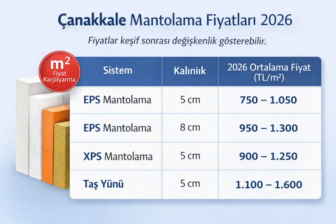 Çanakkale mantolama fiyatları 2026 m² bazlı EPS XPS ve taş yünü karşılaştırması