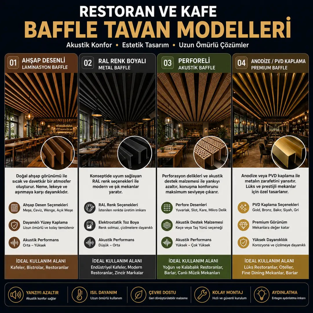 Restoran ve kafe için farklı baffle tavan modelleri&nbsp;