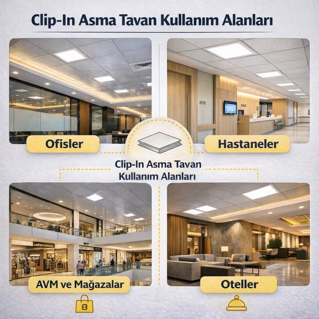 Clip-in asma tavan kullanım alanları ofis hastane AVM uygulamaları&nbsp;
