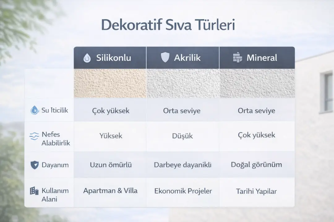 Silikonlu, akrilik ve mineral dekoratif dış cephe sıvalarının teknik ve kullanım farkları&nbsp;