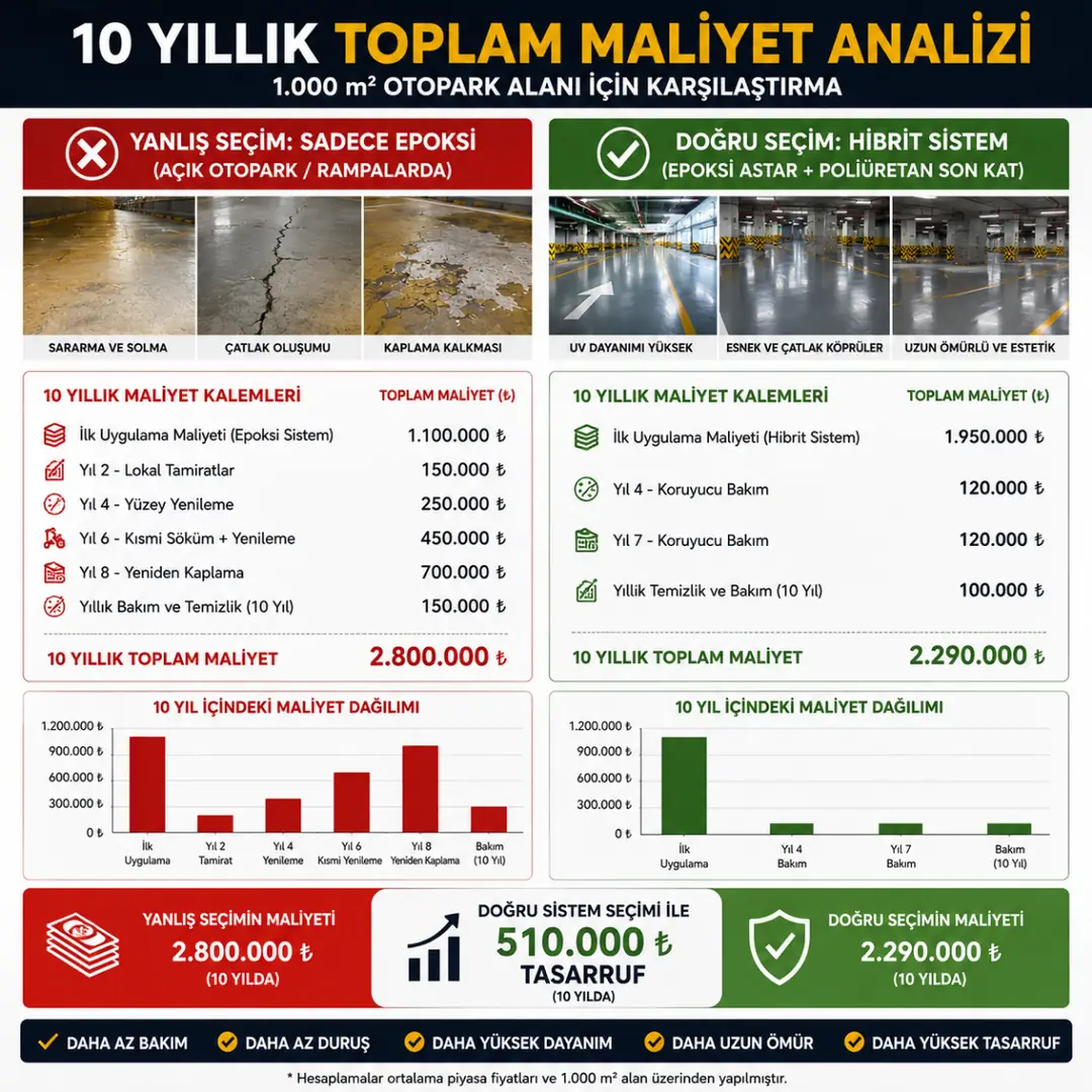 10 yıllık otopark zemin kaplama maliyet karşılaştırması&nbsp;