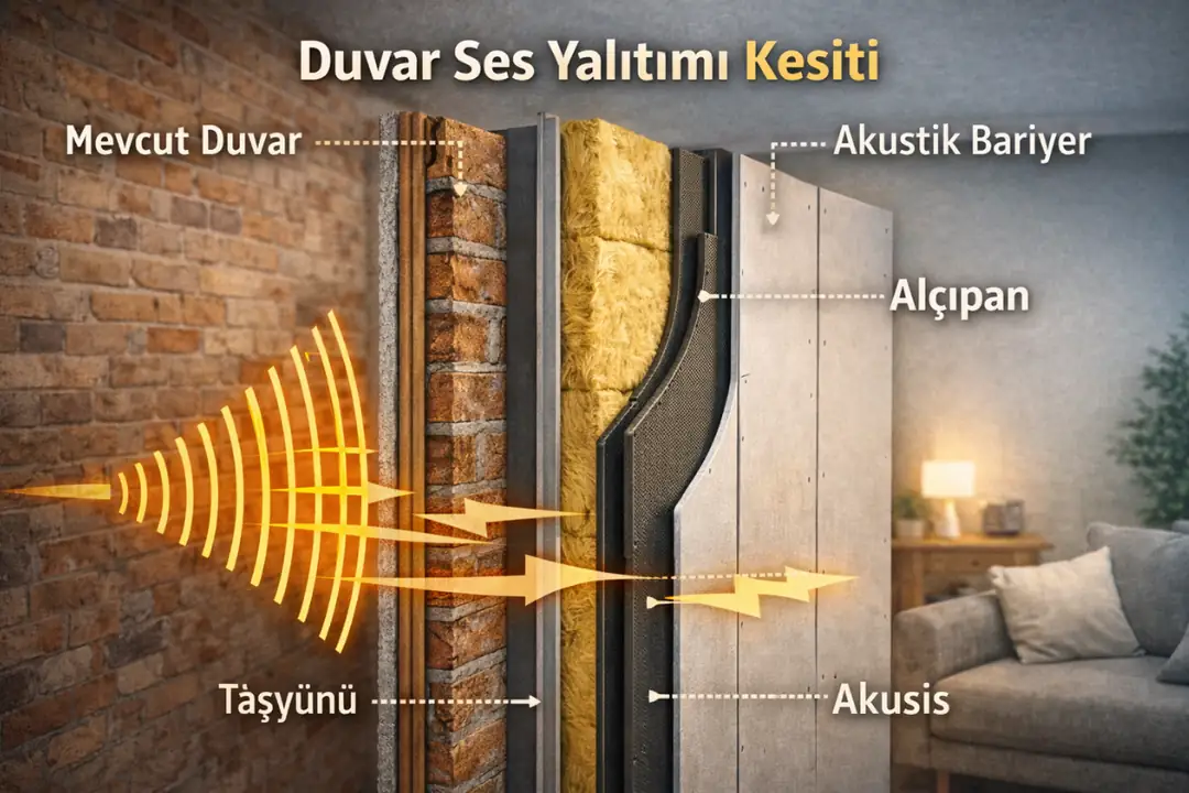 Taşyünü ve alçıpan ile duvar ses yalıtımı kesit uygulaması