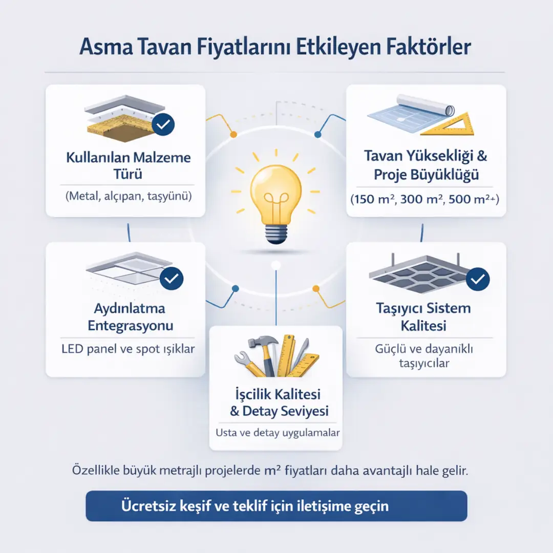 asma tavan fiyatlarını etkileyen faktörler malzeme türü işçilik metraj tavan yüksekliği aydınlatma ve proje detayları