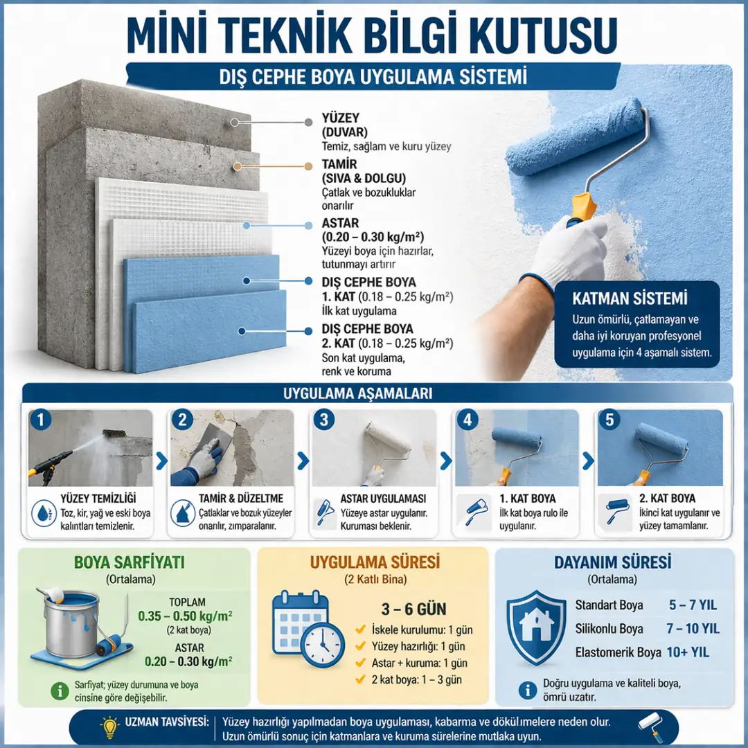 dış cephe boya uygulama katmanları, astar ve boya sarfiyat değerleri teknik bilgi şeması&nbsp;