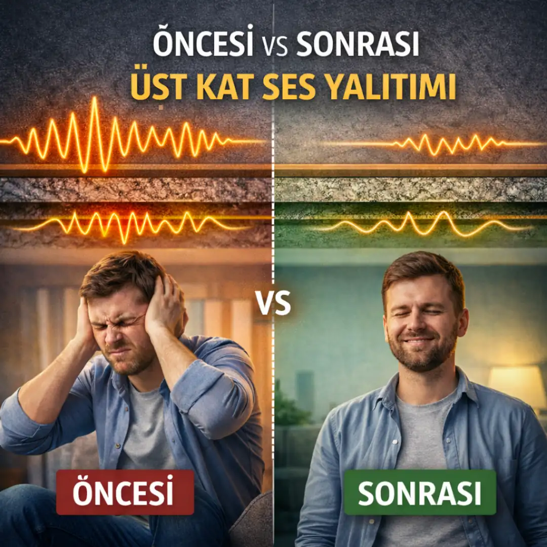 Üst kattan gelen ses yalıtımı öncesi ve sonrası akustik karşılaştırma&nbsp;