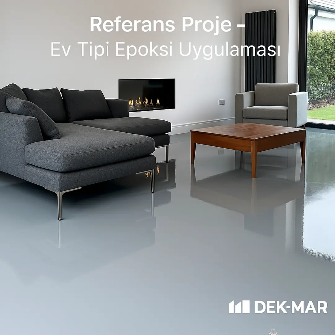 Evde epoksi kaplama referans proje – modern salon, parlak epoksi zemin uygulaması – Dek-Mar İnşaat 2025 