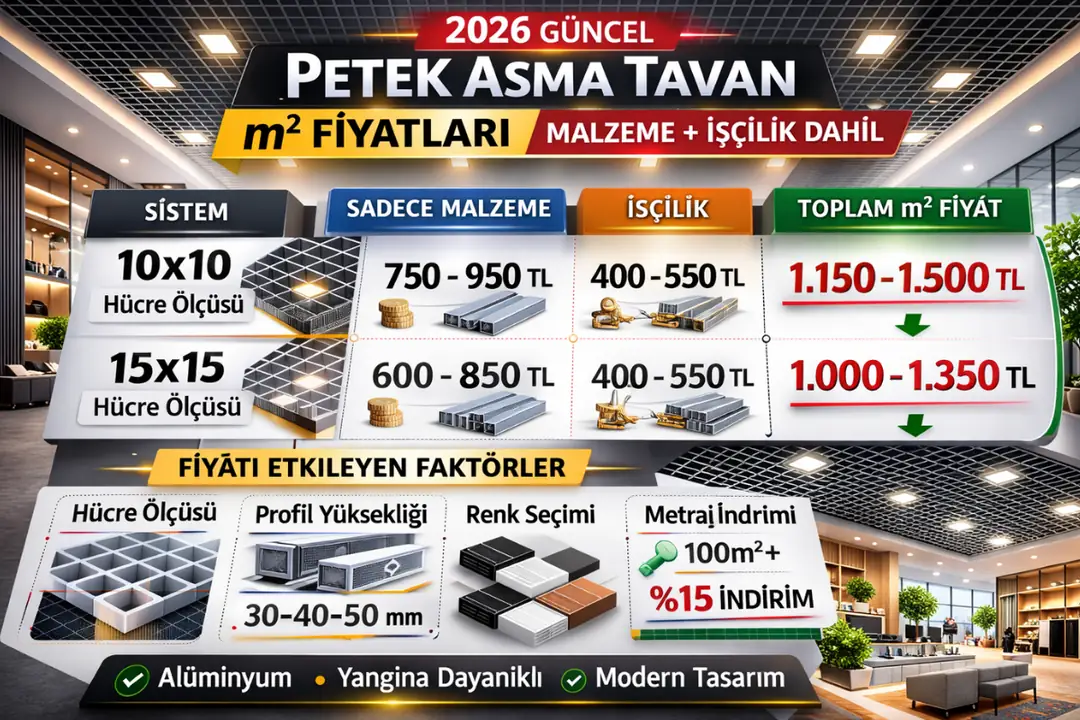 2026 petek asma tavan m2 fiyat tablosu malzeme ve işçilik dahil