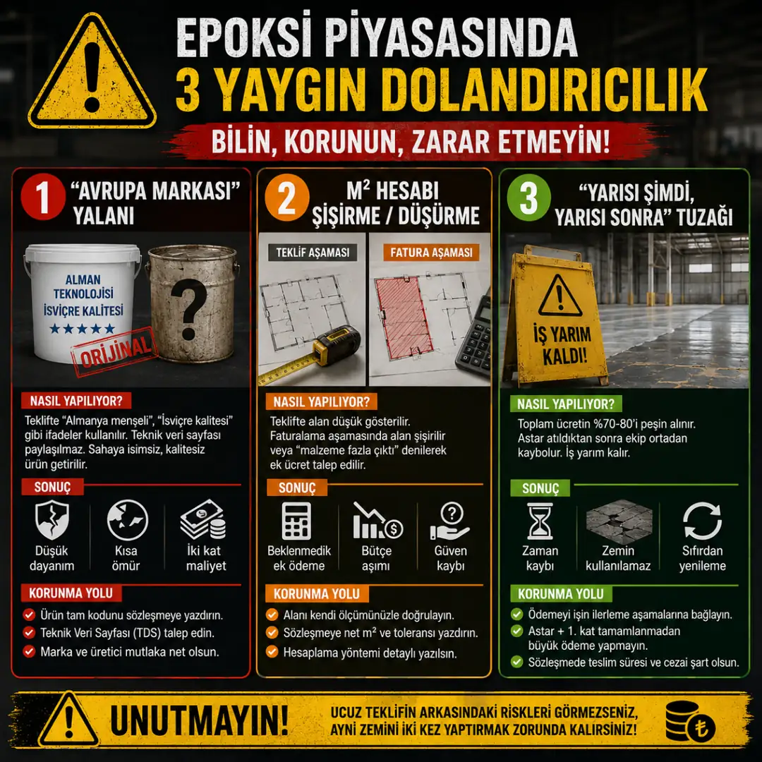 Epoksi sektöründe sahte marka eksik kat uygulama ve düşük kalite dolandırıcılık örnekleri&nbsp;