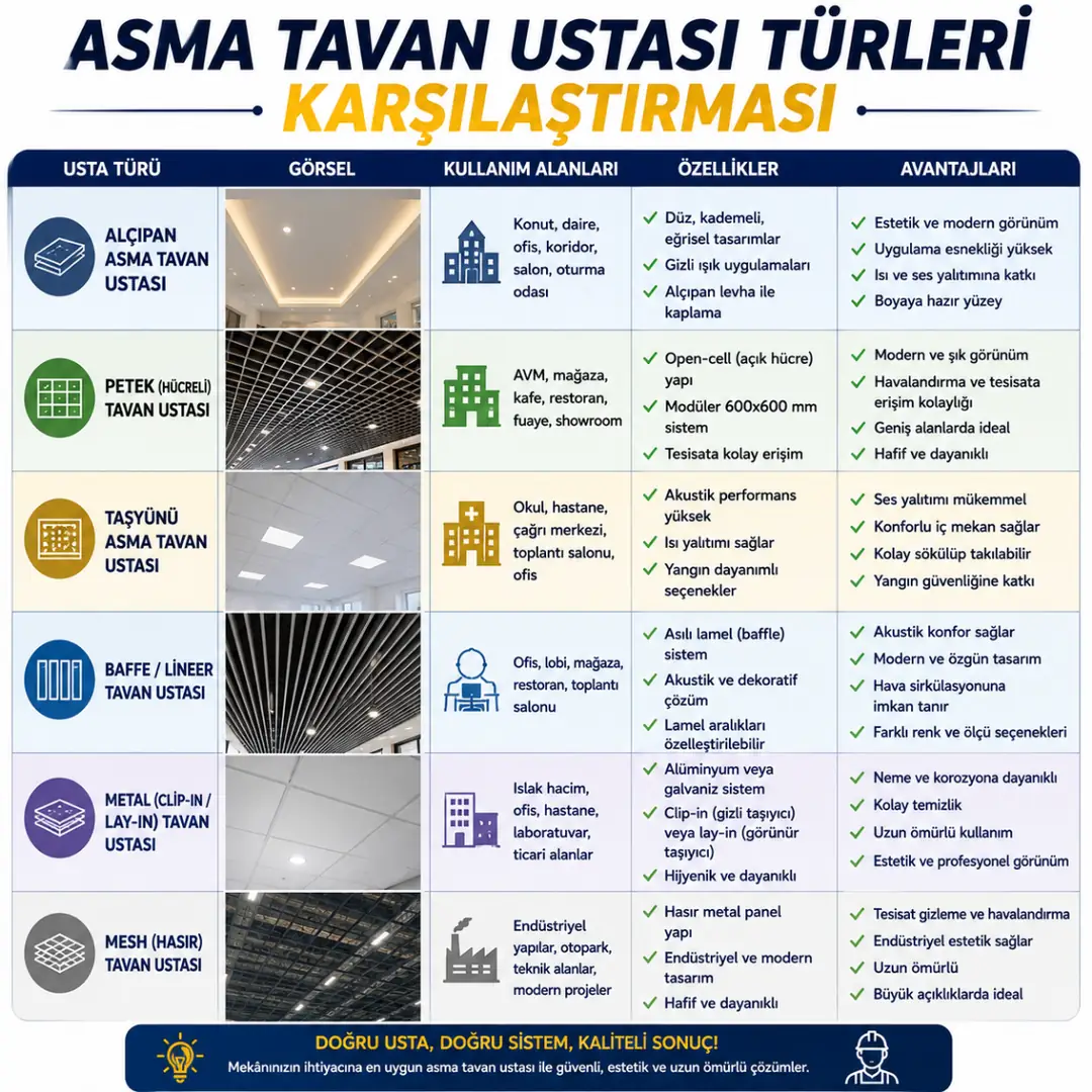 Alçıpan petek taşyünü baffle metal ve mesh asma tavan ustaları karşılaştırması
