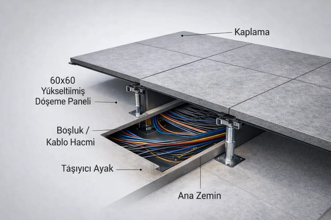 Yükseltilmiş döşeme sisteminin zemin altı çalışma prensibi&nbsp;