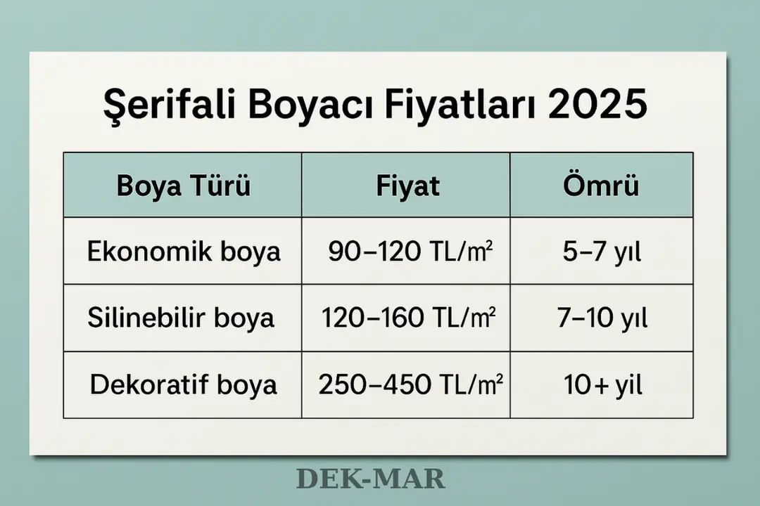 Şerifali boyacı fiyatları 2025 tablosu: ekonomik, silinebilir ve dekoratif boya seçenekleri.