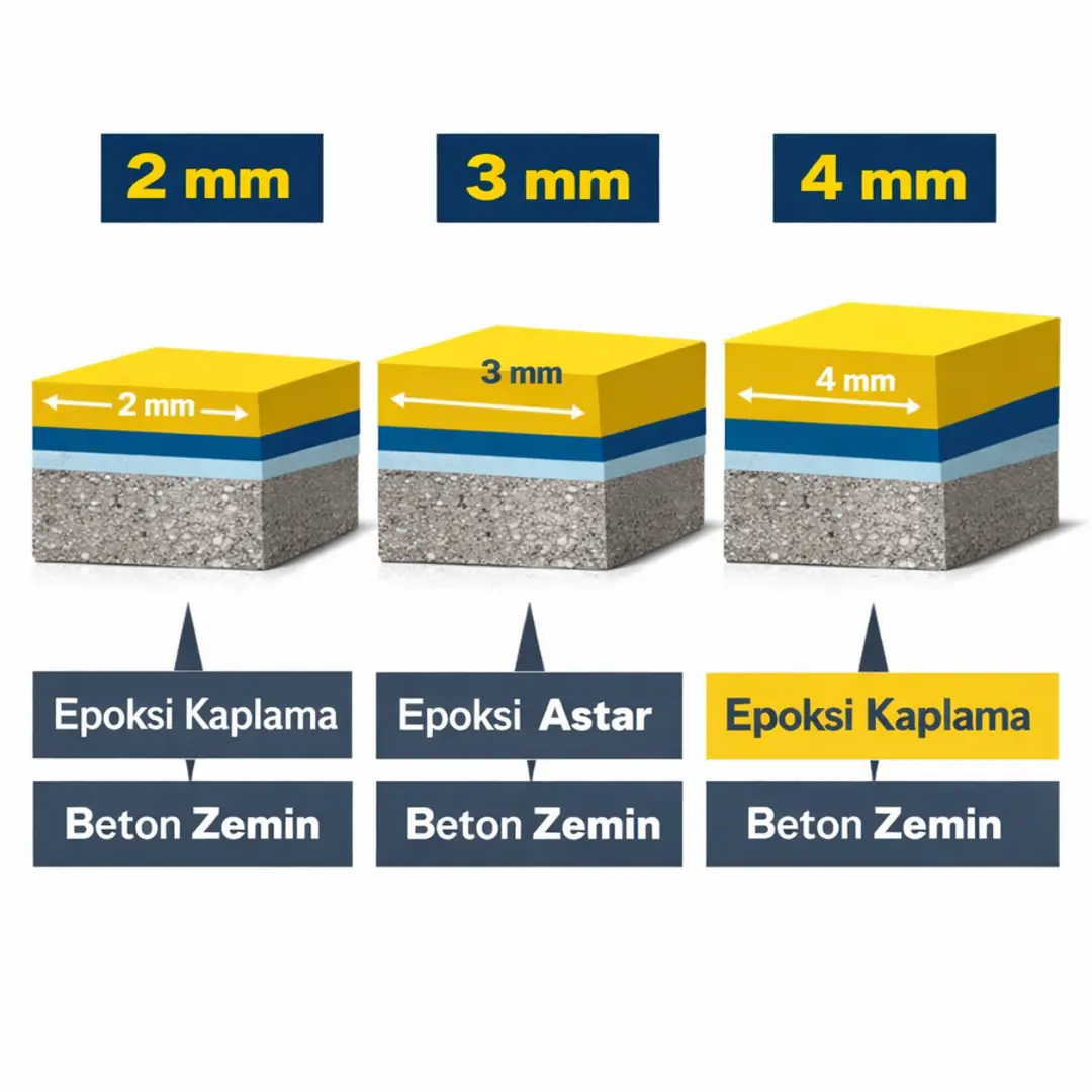 Self leveling epoksi katman yapısı astar kaplama ve 2 mm 3 mm 4 mm kalınlık teknik şeması