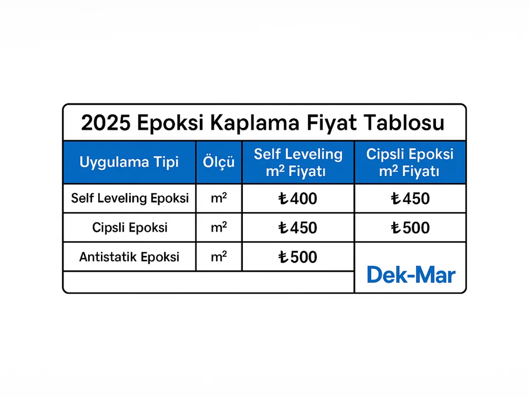2025 epoksi kaplama fiyat tablosu – self leveling, cipsli, antistatik sistemler – Dek-Mar 