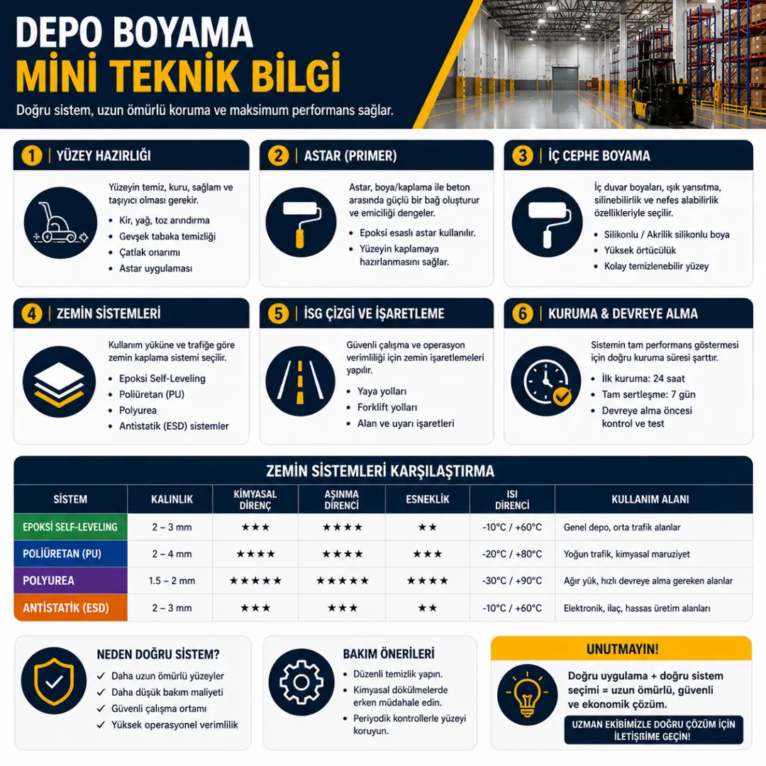 Depo boyama teknik bilgi görseli epoksi zemin poliüretan kaplama kürlenme süresi ve yüzey hazırlığı detayları&nbsp;