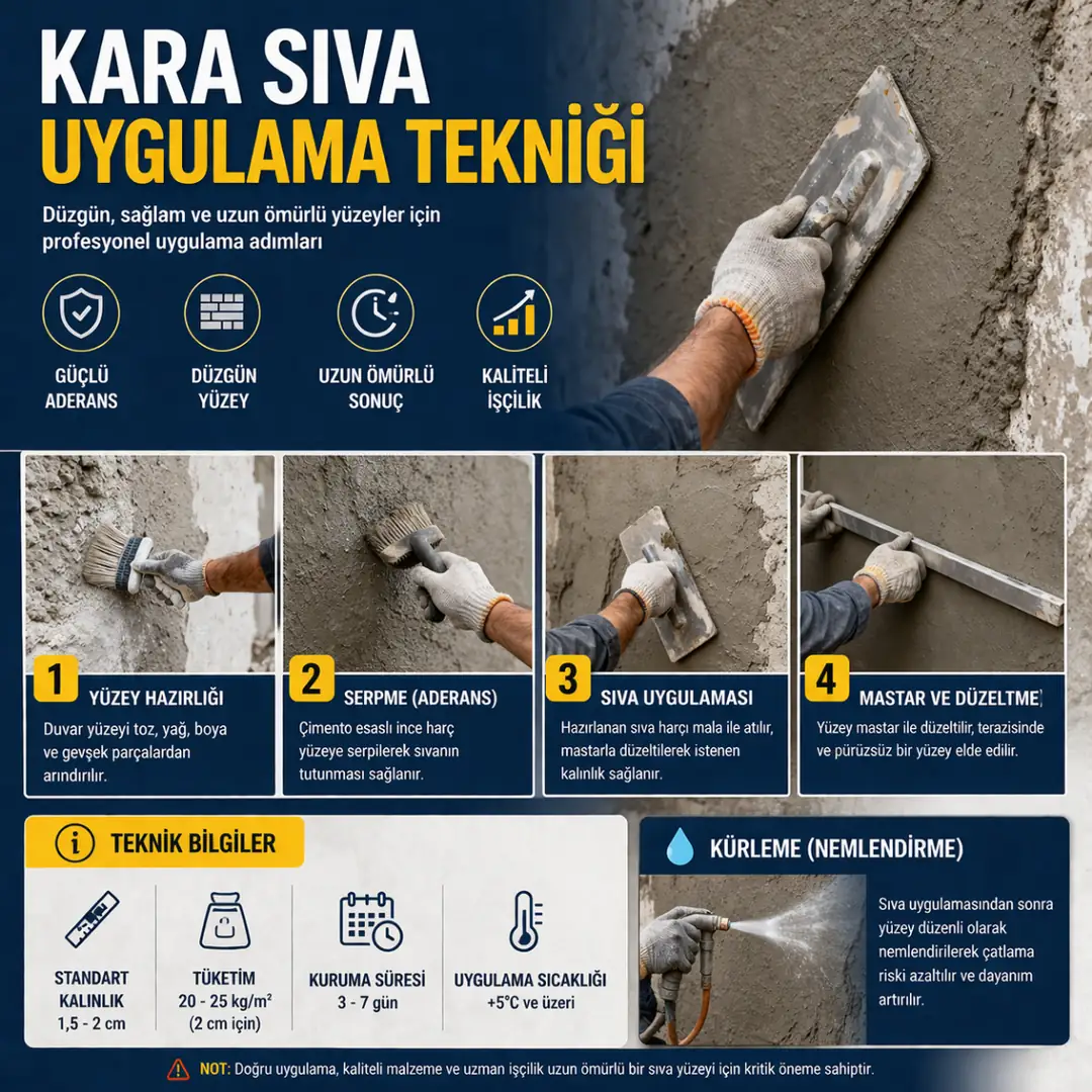 Kara sıva uygulama aşamalarında mastar ve mala ile duvar yüzeyinin düzeltilmesi ve düzgün sıva katmanı oluşturulması&nbsp;