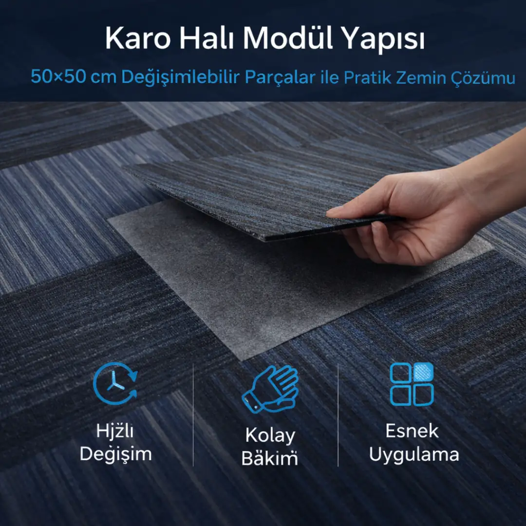 50x50 modüler karo halı yapısı kolay değiştirilebilir paneller ile pratik uygulama ve bakım avantajı sunar&nbsp;