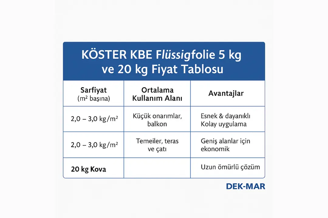 KÖSTER KBE Flüssigfolie fiyatı 2025: 5 kg ve 20 kg seçenekleri, sarfiyat, kullanım alanı ve avantaj karşılaştırması.